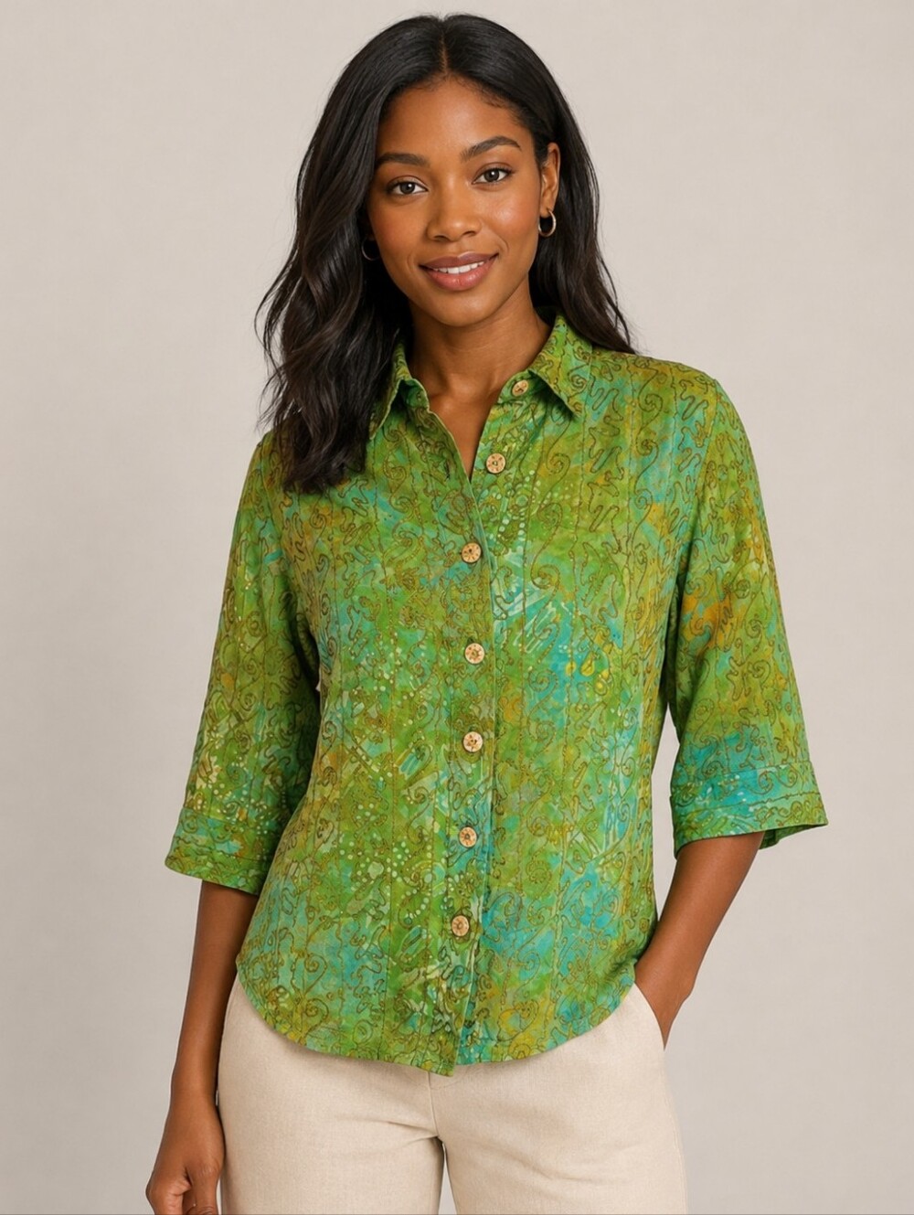 The Territory Ahead Green/Blue Embroidered 3/4 Sleeve Button-Down Shirt. Size MP